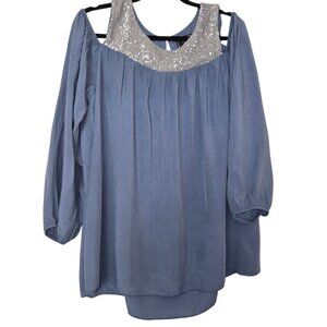 Almatrichi light blue off shoulder top with sequins, size S